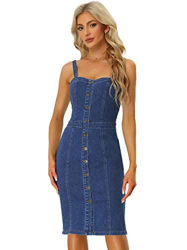 Allegra K Damen Jeanskleid Ärmellos Spaghetti Knopfleiste Herzausschnitt Minikleid Kleid Blau XS von Allegra K