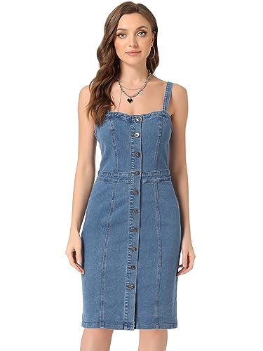 Allegra K Damen Jeanskleid Ärmellos Spaghetti Knopfleiste Herzausschnitt Minikleid Kleid Himmel Blaue M von Allegra K