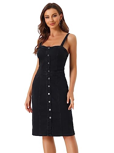 Allegra K Damen Jeanskleid Ärmellos Spaghetti Knopfleiste Herzausschnitt Minikleid Kleid Schwarz XL von Allegra K