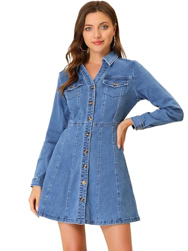 Allegra K Damen Jeanskleid Button-Down-Kragen V-Ausschnitt Langarm A-Linie Baumwolle Jeanskleid, Hell, blau, X-Groß von Allegra K