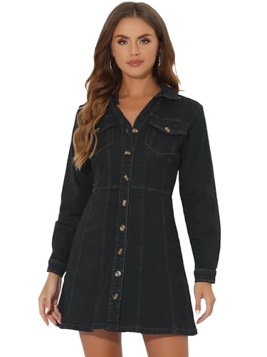 Allegra K Damen Jeanskleid Button-Down-Kragen V-Ausschnitt Langarm A-Linie Baumwolle Jeanskleid, Schwarz, X-Groß von Allegra K