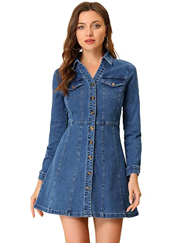 Allegra K Damen Jeanskleid Button-Down-Kragen V-Ausschnitt Langarm A-Linie Baumwolle Jeanskleid, Tiefes Blau, Groß von Allegra K