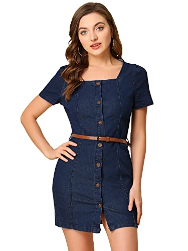 Allegra K Damen Jeanskleid Kurzarm Gürtel Rechteckiger Ausschnitt Retro Knopfleiste A-Linie Jeanskleider Dunkelblau XS von Allegra K