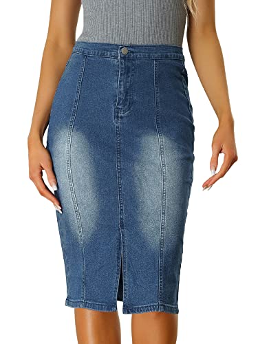 Allegra K Damen Jeansrock Figurbetont Midi Hoher Elastischer Taille Geteilter Vorderseite Bleistiftrock Rock Blau L von Allegra K