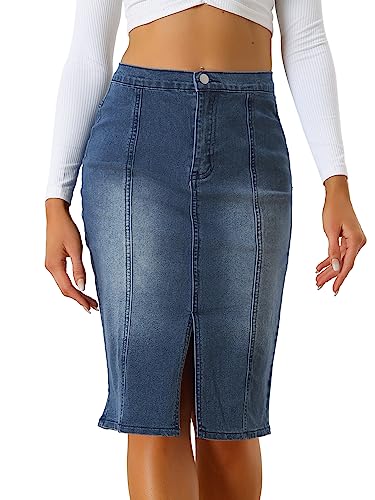 Allegra K Damen Jeansrock Figurbetont Midi Hoher Elastischer Taille Geteilter Vorderseite Bleistiftrock Rock Dunkelblau XS von Allegra K