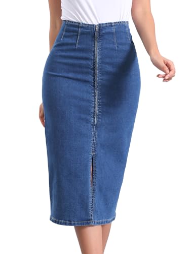 Allegra K Damen Maxi Jeansrock Figurbetonter Hohe Taille Schlitz Vorne Reißverschluss Denim Rock Azurblau XL von Allegra K