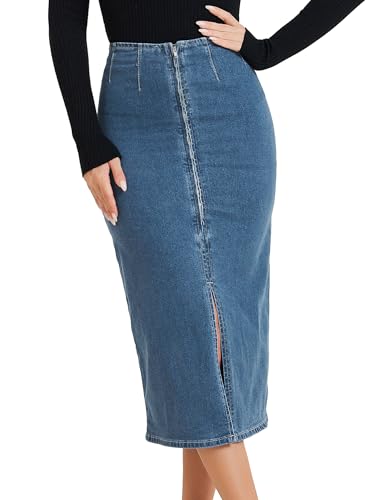 Allegra K Damen Maxi Jeansrock Figurbetonter Hohe Taille Schlitz Vorne Reißverschluss Denim Rock Blau L von Allegra K