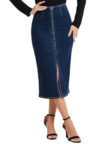 Allegra K Damen Maxi Jeansrock Figurbetonter Hohe Taille Schlitz Vorne Reißverschluss Denim Rock Dunkelblau L von Allegra K