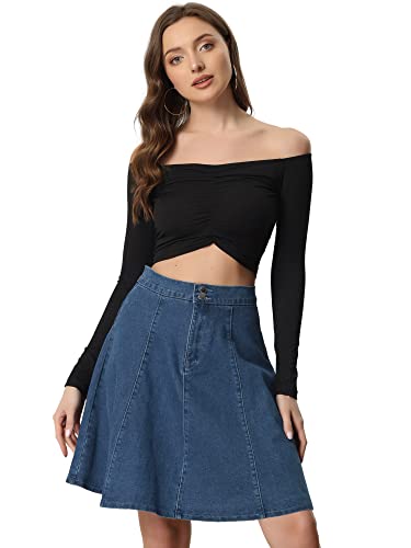 Allegra K Damen Jeansrock A-Linie Hoher Taille Plissiert Lässig Elegant Denim Rock Dunkelblau L von Allegra K