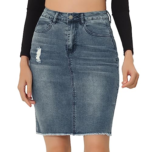 Allegra K Damen Jeansrock Knielang Hohe Taille Gerader Rock Ripped Saum Röcke Blau grau XL Allegra K Damen Jeansrock Knielang Hohe Taille Gerader Rock Ripped Saum Röcke Blau grau XL von Allegra K