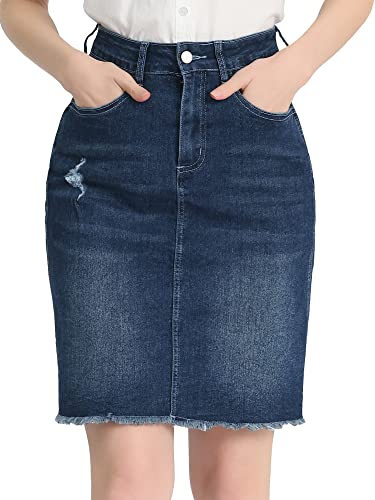 Allegra K Damen Jeansrock Knielang Hohe Taille Gerader Rock Ripped Saum Röcke Dunkelblau XS von Allegra K