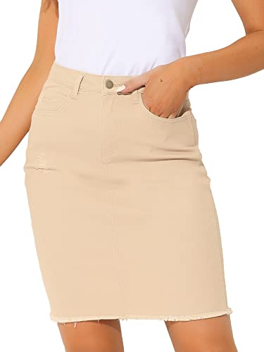 Allegra K Damen Jeansrock Knielang Hohe Taille Gerader Rock Ripped Saum Röcke Khaki M von Allegra K