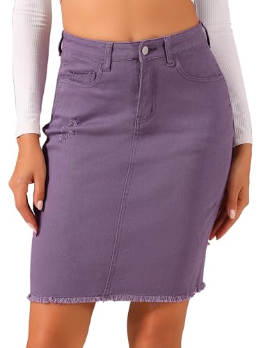 Allegra K Damen Jeansrock Knielang Hohe Taille Gerader Rock Ripped Saum Röcke Lila XS von Allegra K