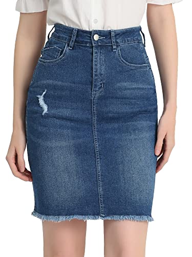 Allegra K Damen Jeansrock Knielang Hohe Taille Gerader Rock Ripped Saum Röcke Vintage Blau L von Allegra K