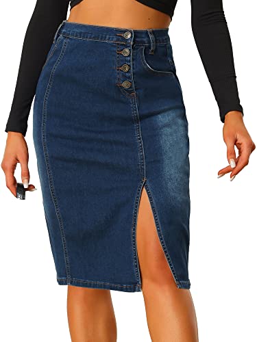 Allegra K Damen Jeansrock Knopfdekor Seitenschlitz Schrägtasche Midirock Rock Blau S von Allegra K