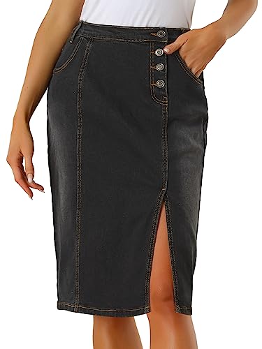 Allegra K Damen Jeansrock Knopfdekor Seitenschlitz Schrägtasche Midirock Rock Dunkelgrau S von Allegra K