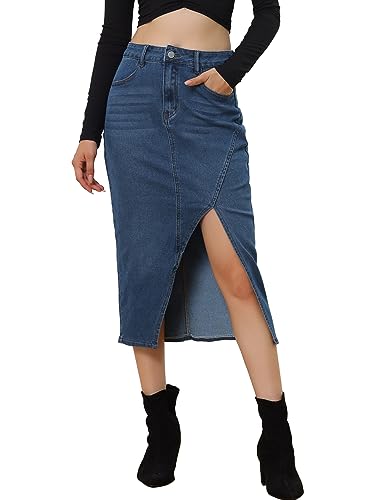 Allegra K Damen Jeansrock Lässig Hoch Tailliert Knielang Vorne Geschlitzt Denim Rock Blau S von Allegra K