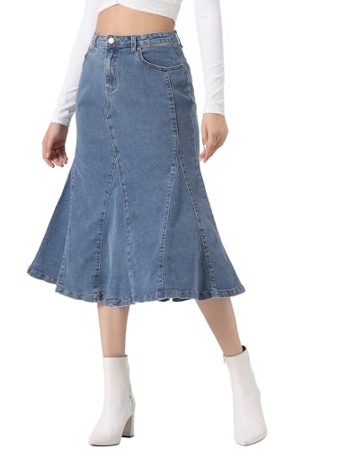Allegra K Damen Knielang Knopfleiste Jeansrock Hohe Taille Lässig Ausgestellt Midirock Lang A-Linie Rock Himmelblau S von Allegra K