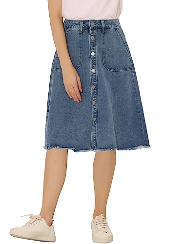 Allegra K Damen Knielang Jeansrock Ungesäumtem Saum Knopfleiste Midi Lang Denim Rock Grau Blau S von Allegra K