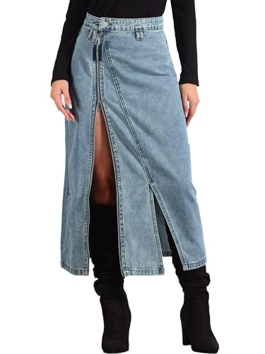 Allegra K Damen Jeansrock mit Taschen Langer Denim Reißverschluss Vorne Geteilter Rock Blau L von Allegra K