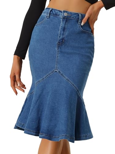 Allegra K Damen Jeansröcke Fischschwanz Hoher Taille Figurbetont Rüschen Denim Rock Dunkelblau XL von Allegra K