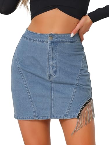 Allegra K Damen Jeansröcke Hohe Taille Denim Reißverschluss Asymmetrie Mini Wickelrock mit Strass-Fransen Hellblau L von Allegra K