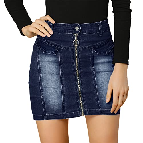 Allegra K Damen Jeansrock, figurbetont, Stretch, gewaschen, Reißverschluss vorne, Jeans-Minirock, Dunkelblau, Groß von Allegra K