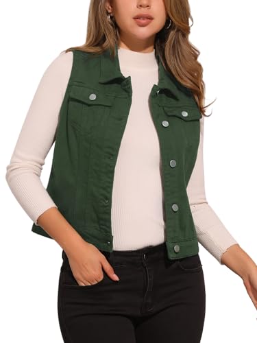 Allegra K Damen Jeansweste Ärmellos Knopfleiste Denim Rever Jacke Westen mit Taschen Dunkelgrün XS von Allegra K