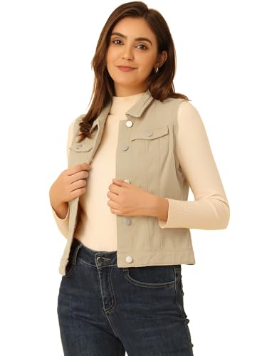 Allegra K Damen Jeansweste Ärmellos Knopfleiste Denim Revere Westen mit Taschen Beige M von Allegra K