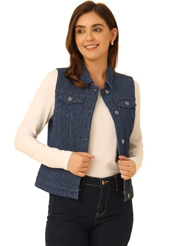 Allegra K Damen Jeansweste Ärmellos Knopfleiste Denim Revere Westen mit Taschen Blaue Textur L von Allegra K