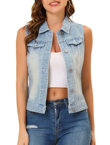 Allegra K Damen Jeansweste Ärmellos Knopfleiste Denim Revere Westen mit Taschen Himmelblau XS von Allegra K