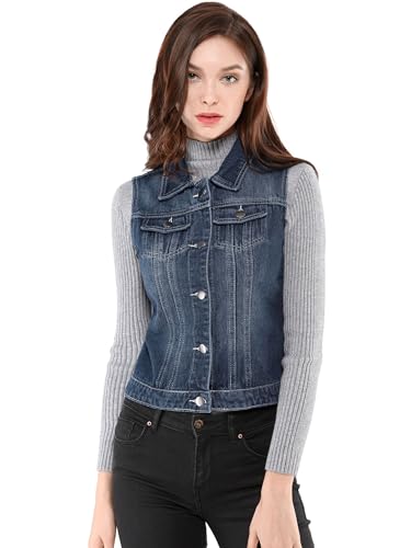 Allegra K Damen Jeansweste Ärmellos Knopfleiste Sommer Denim Revers Jacke Westen mit Taschen Blau L von Allegra K