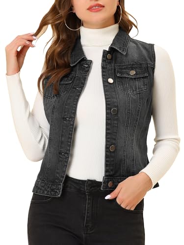 Allegra K Damen Jeansweste Ärmellos Knopfleiste Sommer Denim Revers Jacke Westen mit Taschen Schwarz S von Allegra K