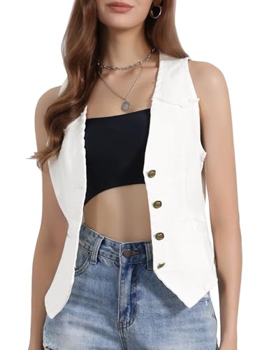 Allegra K Damen Jeansweste Ärmellos Verwaschene Distressed Kragenlose Gilet Denim Jacke Weiß S von Allegra K