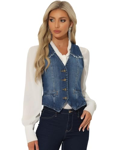 Allegra K Damen Jeansweste Ärmellos Verwaschene Distressed Kragenlose Gilet Denim Jacke Dunkelblau L von Allegra K