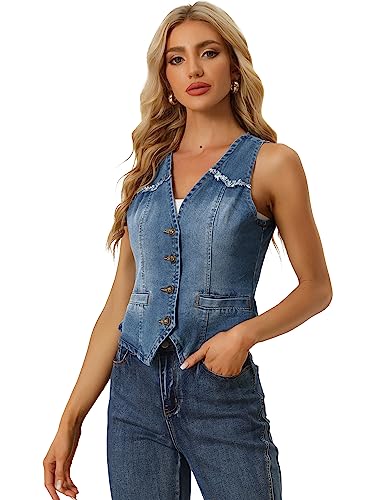 Allegra K Damen Jeansweste Ärmellos Verwaschene Distressed Kragenlose Gilet Denim Jacke Blau XL von Allegra K