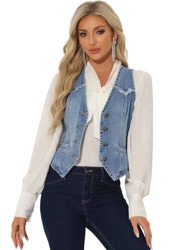 Allegra K Damen Jeansweste Ärmellos Verwaschene Distressed Kragenlose Jeansjacke Hell Blau M von Allegra K