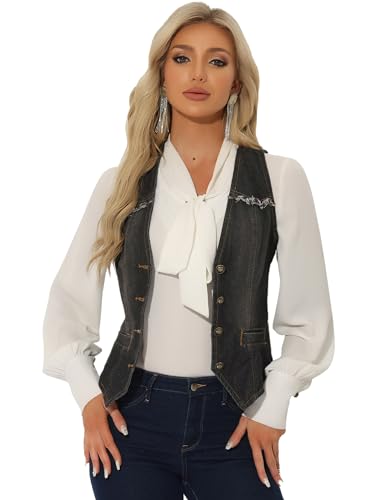 Allegra K Damen Jeansweste Ärmellos Verwaschene Distressed Kragenlose Gilet Denim Jacke Schwarz L von Allegra K