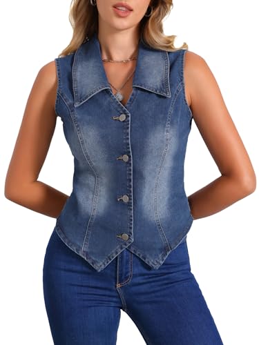 Allegra K Damen Jeansweste Ärmellos mit Kragen V-Ausschnitt Knopfleiste Korsett Bustier Denim Jeansjacke Blau XS von Allegra K