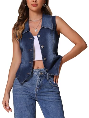 Allegra K Damen Jeansweste Ärmellos mit Kragen V-Ausschnitt Knopfleiste Korsett Bustier Denim Jeansjacke Tiefes Blau L von Allegra K