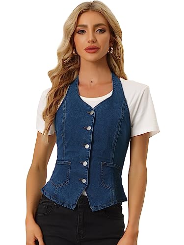 Allegra K Damen Jeansweste Cowboy Casual Neckholder Knopfleiste Vorne Rückenfreie Weste Dunkelblau M von Allegra K