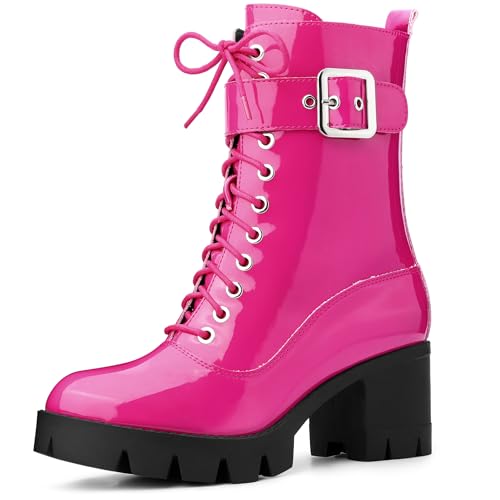 Allegra K Damen-Kampfstiefel mit Reißverschluss und Plateausohle und klobigem Absatz Fuchsie 39 von Allegra K