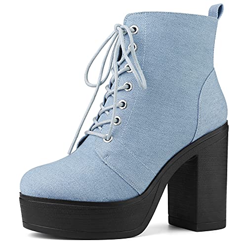 Allegra K Damen-Kampfstiefel zum Schnüren mit klobigem Plateau und hohem Absatz Denim Blue 38 von Allegra K