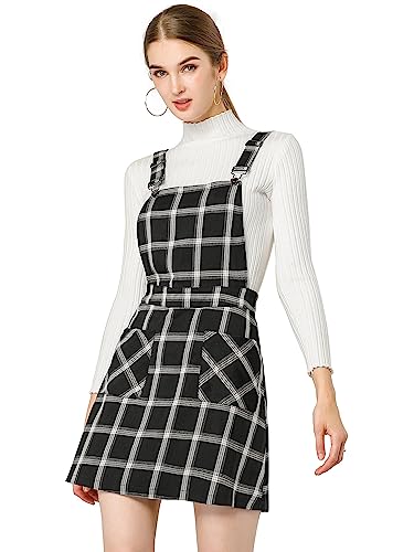 Allegra K Damen Kariert Elastisch Strap Verstellbar Träger Seitentaschen Arbeit Check Latzkleid Kleid Schwarz-Weiß XXL von Allegra K