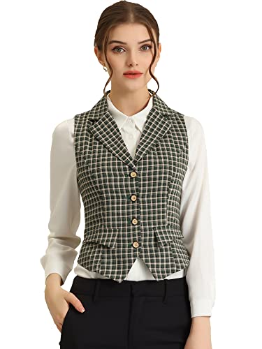 Allegra K Damen Weste Elegant Vintage Karierte Anzugweste Einreihig Reverskragen Ärmellos Westen Braun Grün S von Allegra K