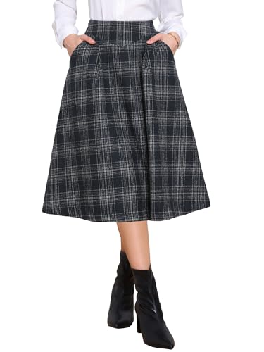 Allegra K Damen Karierte Röcke Vintage Hohe Taille Midi A-Linie Faltenrock mit Taschen Dunkelblau M von Allegra K