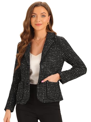 Allegra K Damen Karierte Tweedjacke Revers Knopfleiste Elegante Langarm Blazerjacken Schwarz L von Allegra K