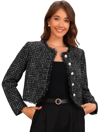 Allegra K Damen Karierte Tweedjacke Rundhals Kurze Knopfleiste Elegante Arbeitsjacke Schwarz XS Allegra K Damen Karierte Tweedjacke Rundhals Kurze Knopfleiste Elegante Arbeitsjacke Schwarz XS von Allegra K