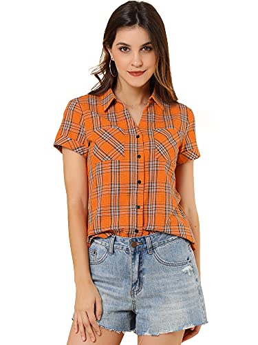 Allegra K Damen Kariertes V-Ausschnitt Shirt Kurzarm Classic Oberteil mit Taschen Karo Bluse Orange S von Allegra K