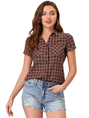Allegra K Damen Kariertes Hemd Shirt Kariert Kurzarm Classic Oberteil mit Taschen Karo Bluse Rot Gelb S von Allegra K